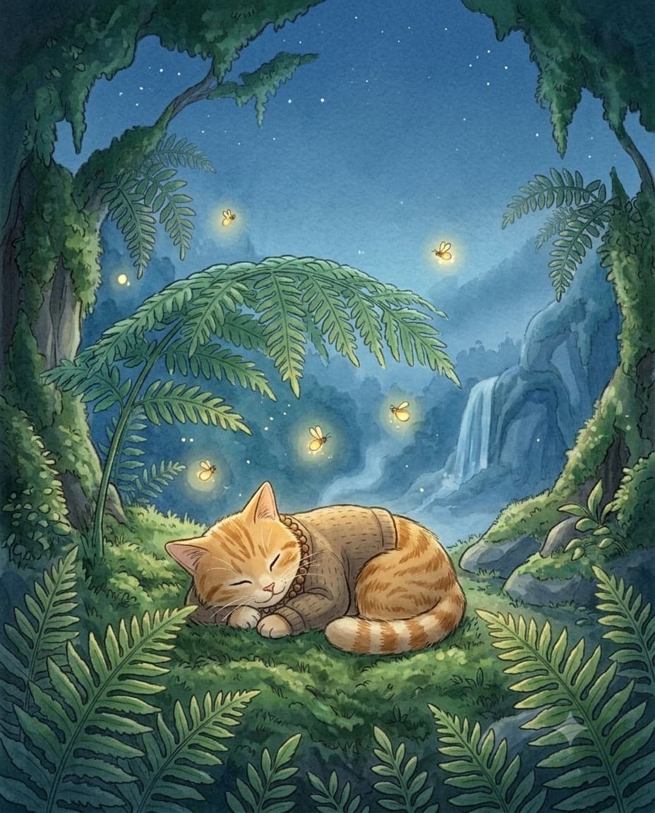 Milo asleep under a fern at night, with fireflies and a distant waterfall
