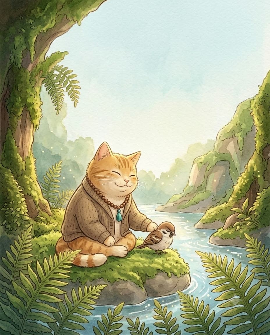 Milo sitting beside a small sparrow on a mossy rock by a stream