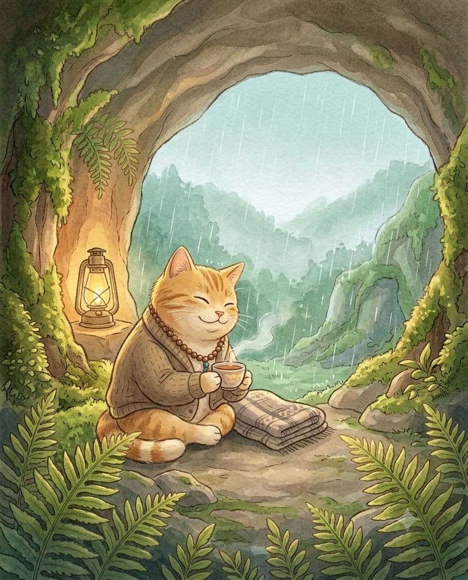 Milo holding a cup of tea at the mouth of a cave while rain falls over the forest