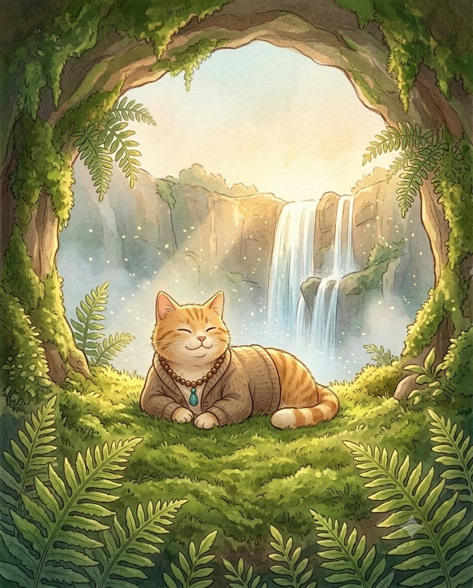Milo resting on moss at the mouth of a cave, looking out at a forest waterfall