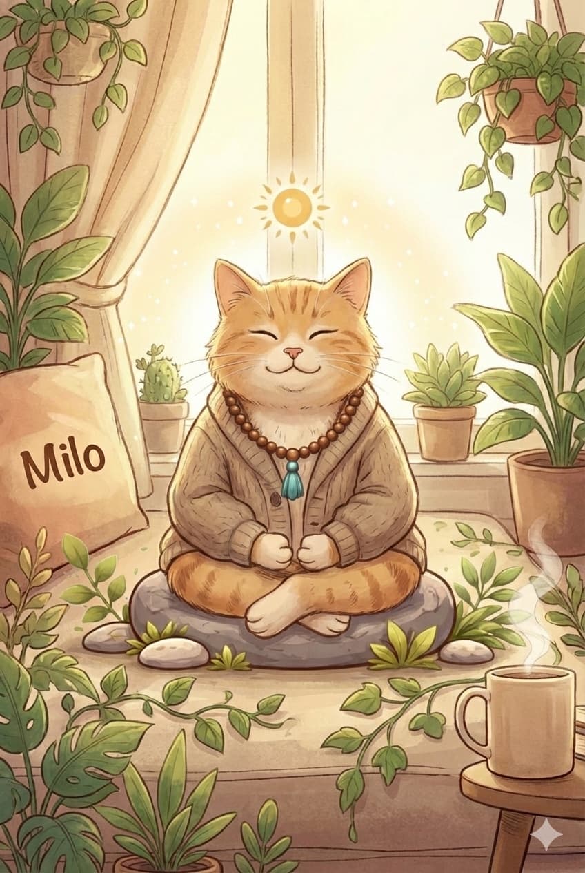 Milo sitting cross-legged on a stone, eyes closed, surrounded by houseplants in warm morning light